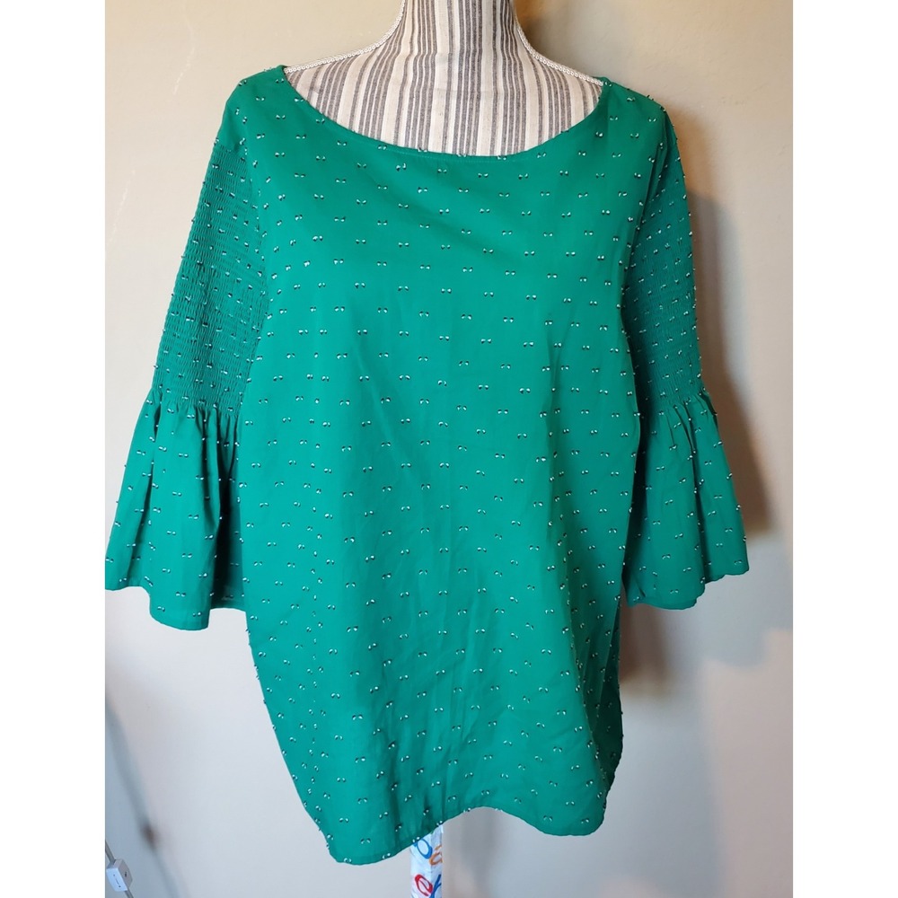IZOD Womens XXL Green Clip Dot Smocked Ruffle Bell Sleeve Cotton Blouse 2285